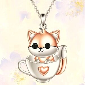 Charming Fox in a Cup Pendant Necklace